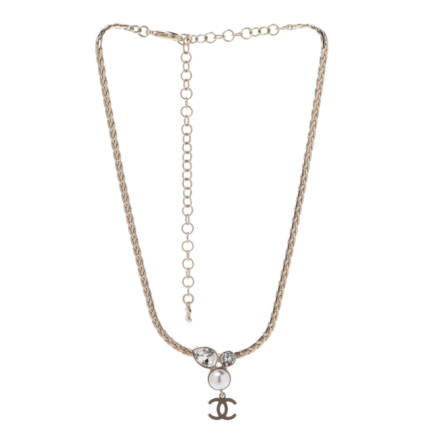 Chanel Pearl Crystal CC Teardrop Braided Necklace Gold 3 of 6