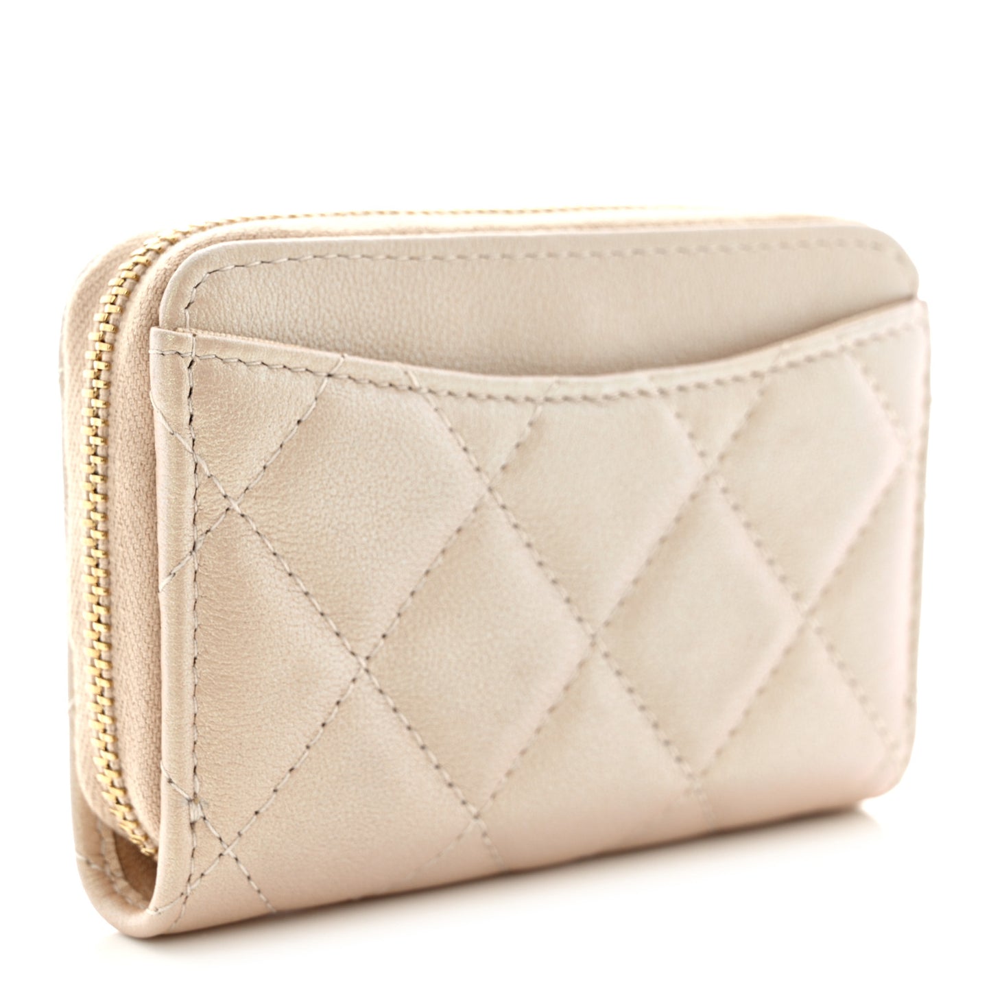 Iridescent Calfskin Quilted Zip Coin Purse Wallet Beige