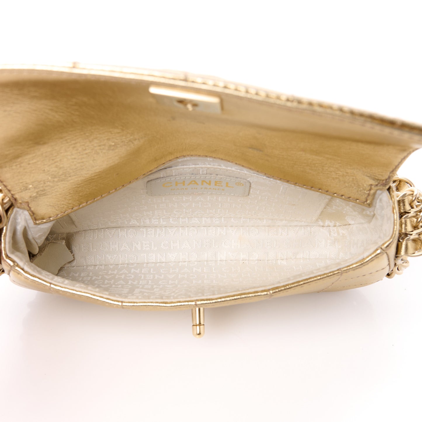 Metallic Lambskin Quilted Chocolate Bar 3 Chain Flap Gold