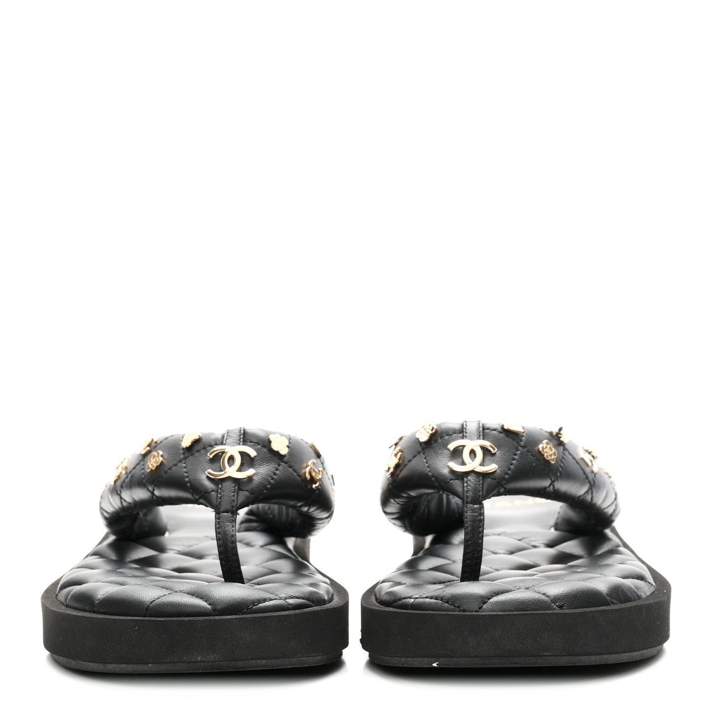 Lambskin Quilted Padded Charms Thong Sandals 41 Black