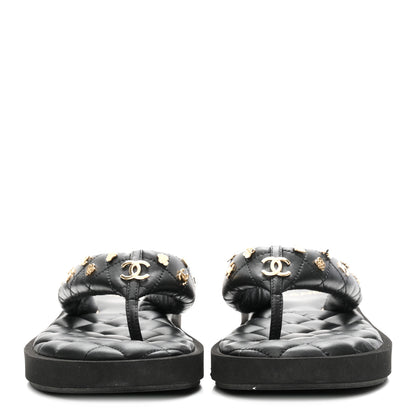 Chanel Lambskin Quilted Padded Charms Thong Sandals 41 Black 3 of 9