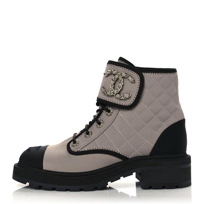 Chanel Fabric Grosgrain Quilted Cap Toe Lace Up Combat Boots 38.5 Gray 1 of 8