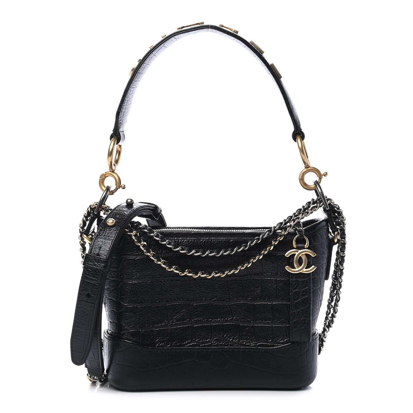 Calfskin Crocodile Embossed Small Gabrielle Cocodile Hobo Black