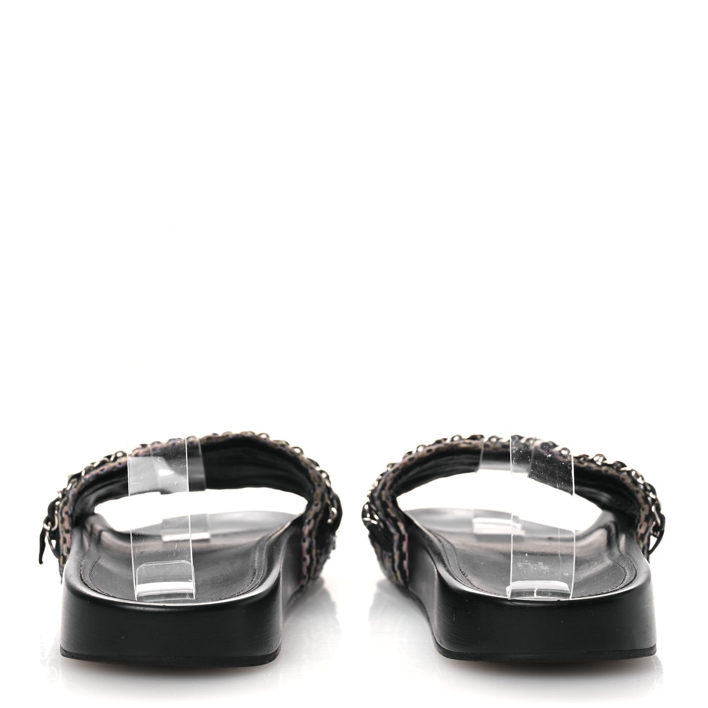 Tweed Lambskin Chain Flat Sandals 36 Black Multicolor