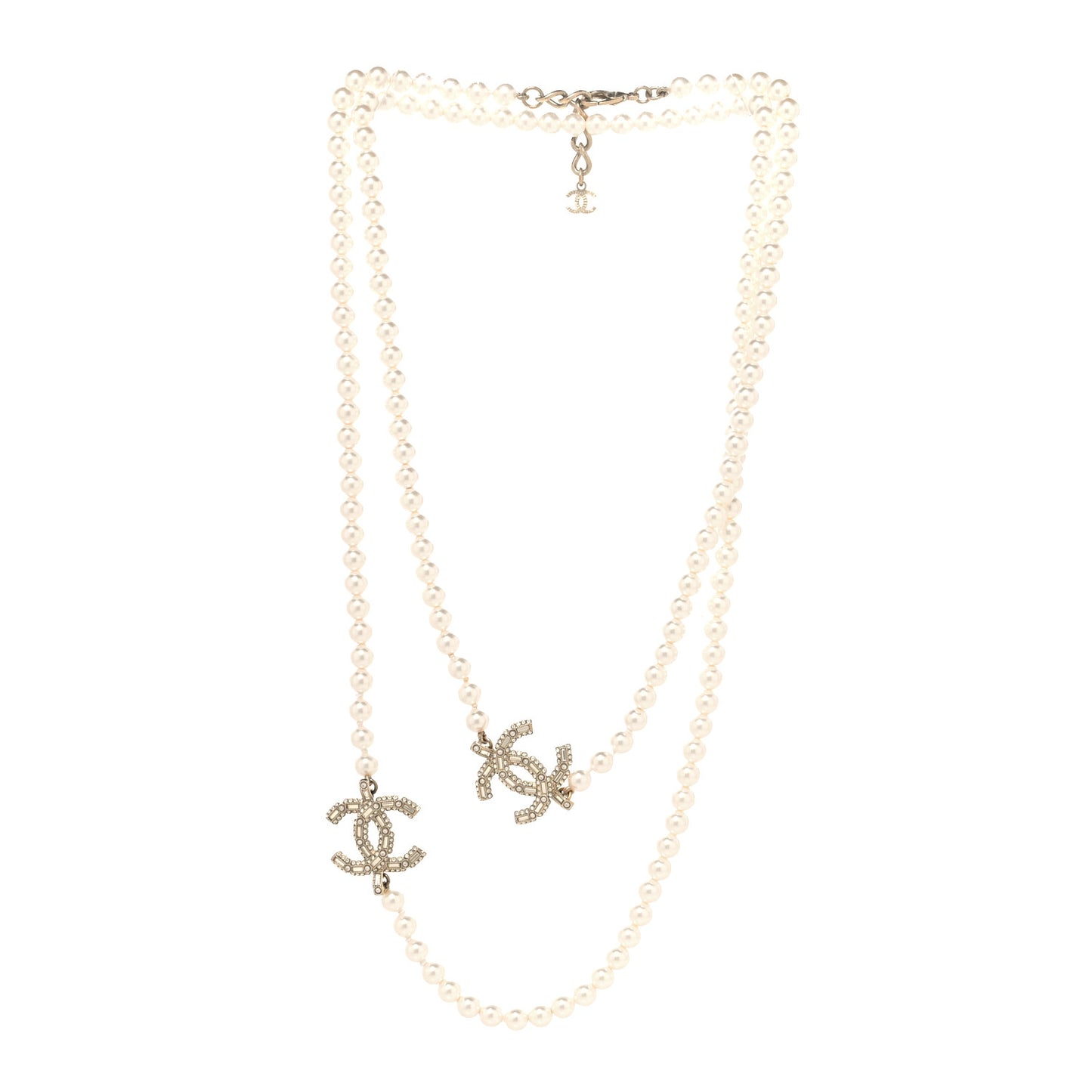 Pearl Baguette Crystal CC Long Necklace  Gold