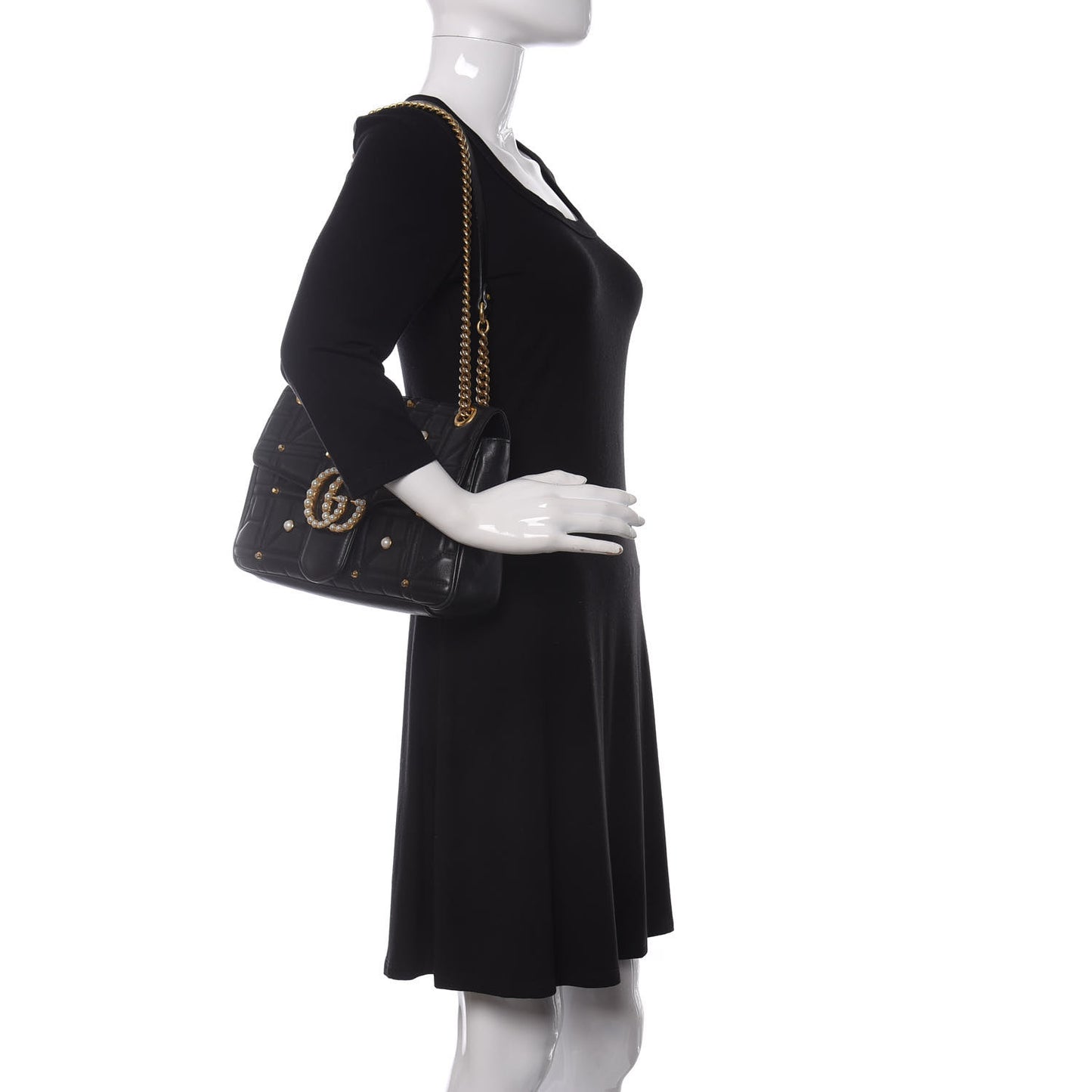 Calfskin Matelasse Studded Medium Pearly GG Marmont Shoulder Bag Black