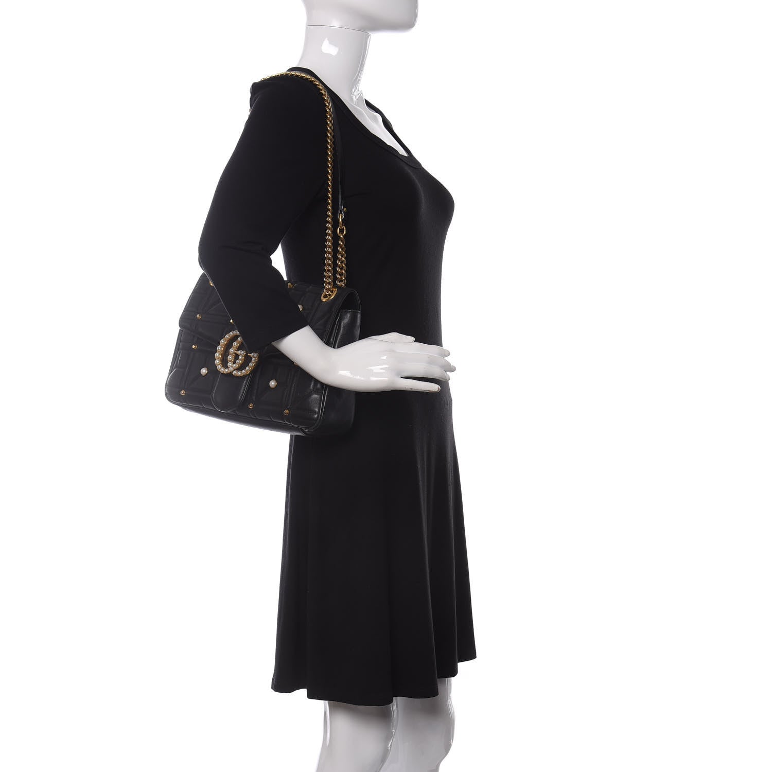 Gucci Calfskin Matelasse Studded Medium Pearly GG Marmont Shoulder Bag Black 2 of 10