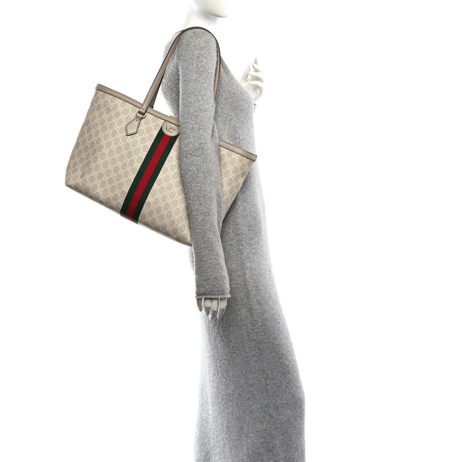 Gucci GG Supreme Monogram Textured Dollar Calfskin Web Large Ophidia Shopping Tote Beige Mystic White Oatmeal 2 of 10