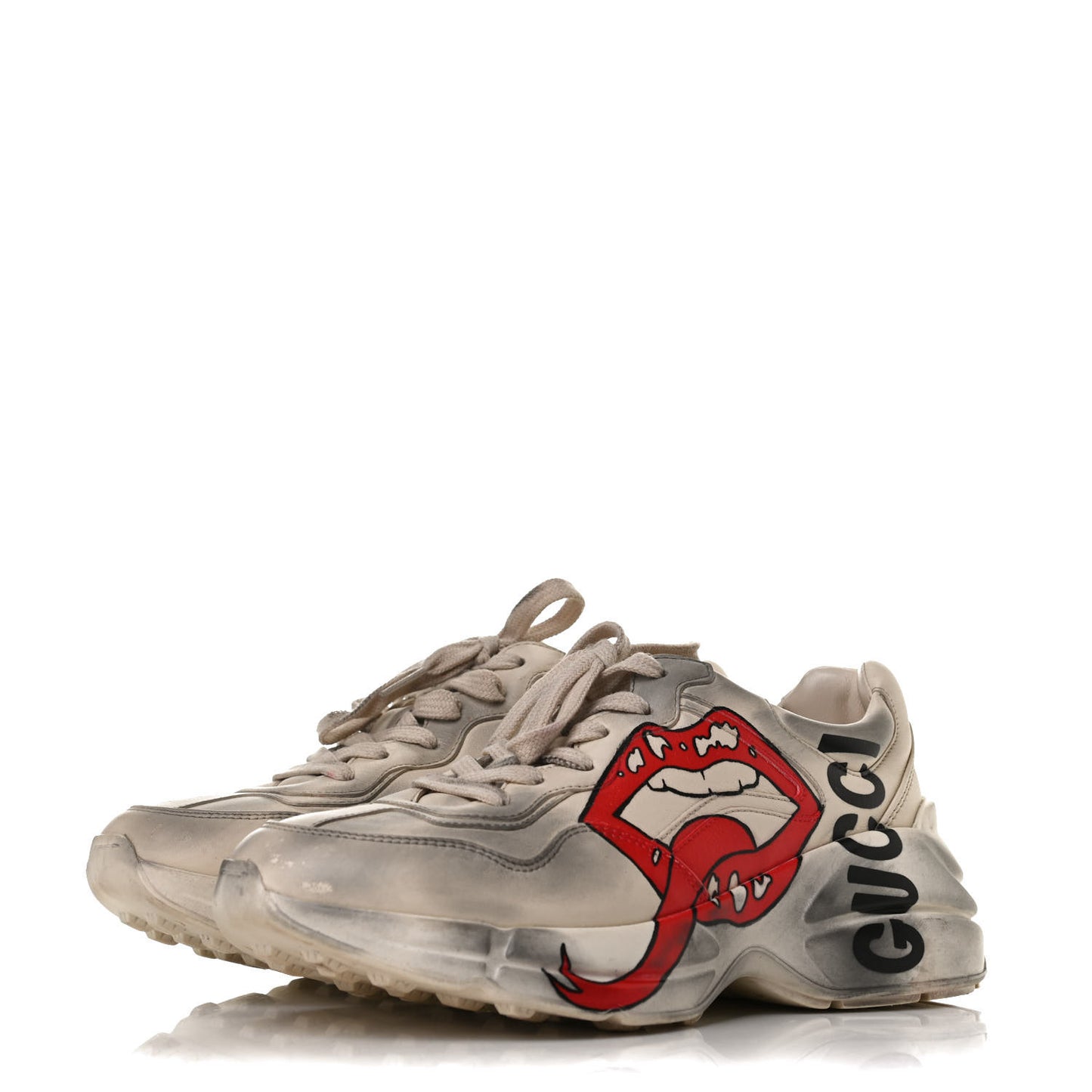 Calfskin Mouth Print Womens Rhyton Sneakers 37.5 Ivory