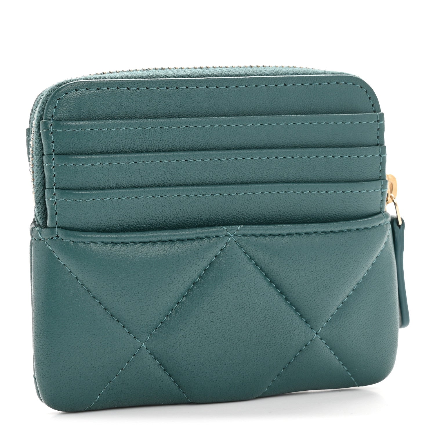 Chanel Lambskin Quilted Chanel 19 Zip Card Holder Wallet Dark Green 5 of 14