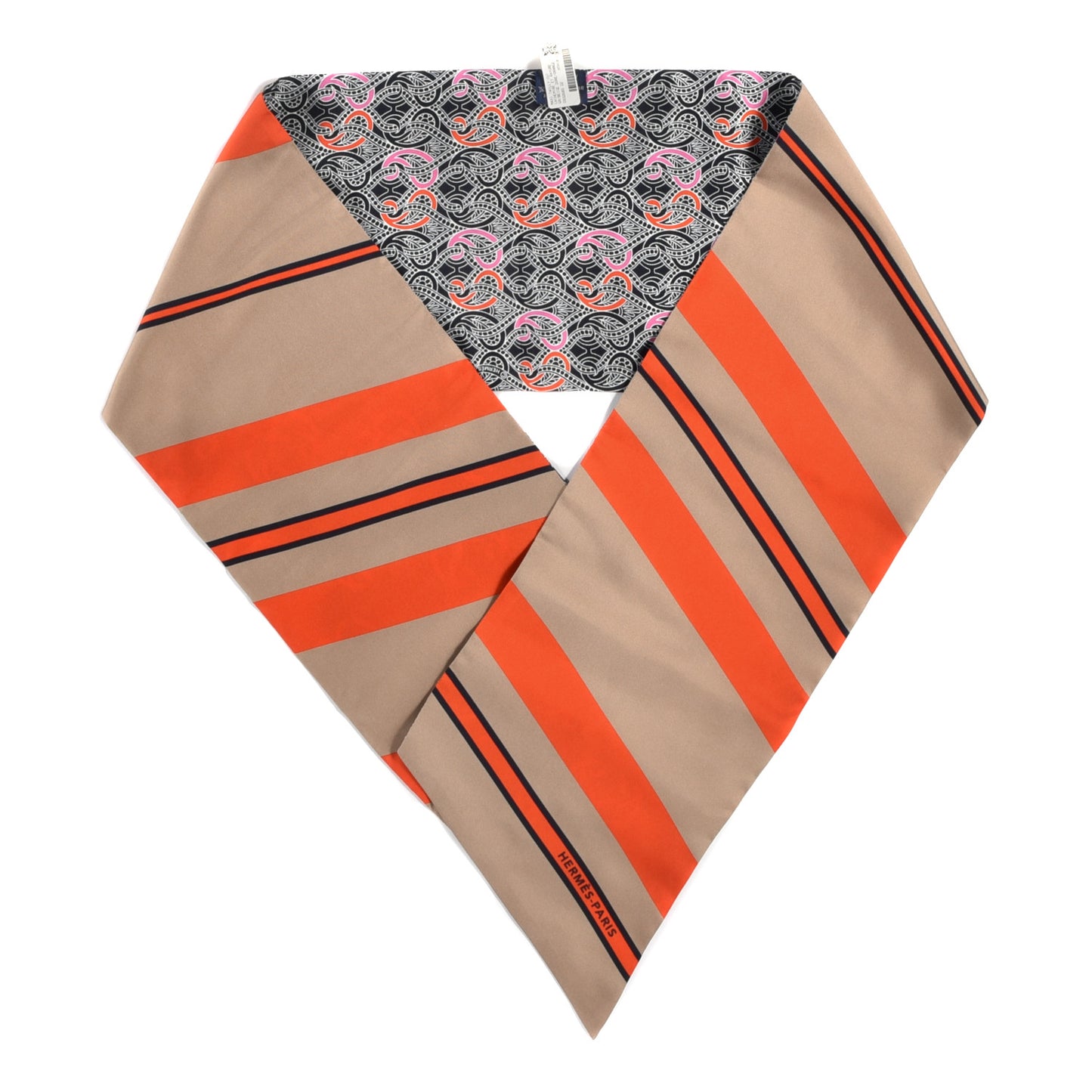 Silk Cachemire Et Rayure Maxi Twilly Cut Grey Beige Dore Orange