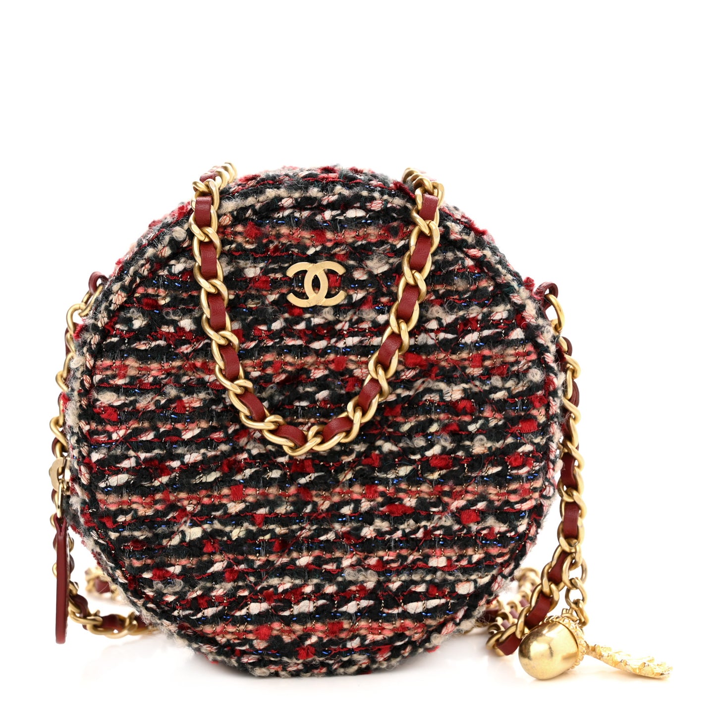 Tweed Quilted Round Clutch With Chain Red