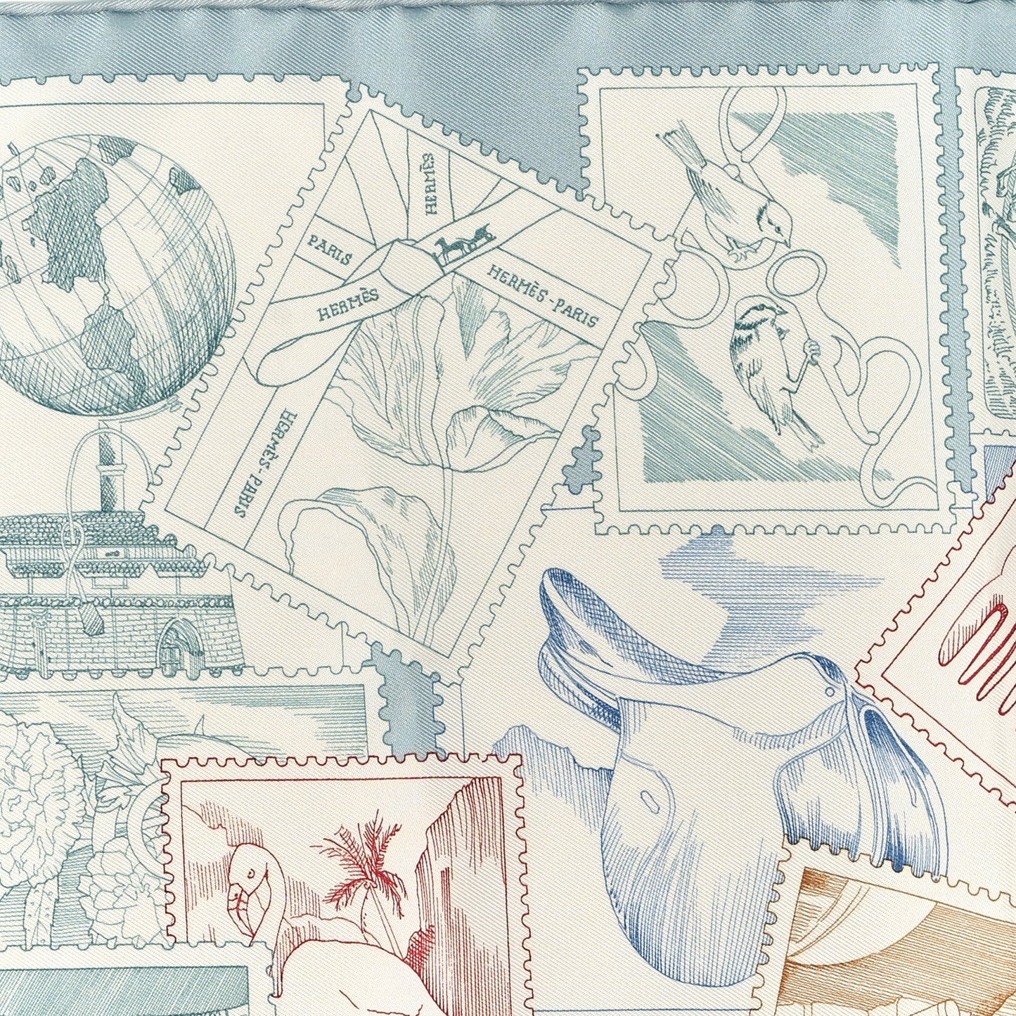 Silk Le Philateliste Du Faubourg Scarf 45 Bleu Glacier White Beige