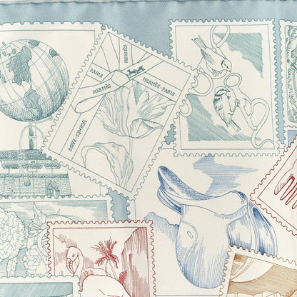 Hermes Silk Le Philateliste Du Faubourg Scarf 45 Bleu Glacier White Beige 2 of 3