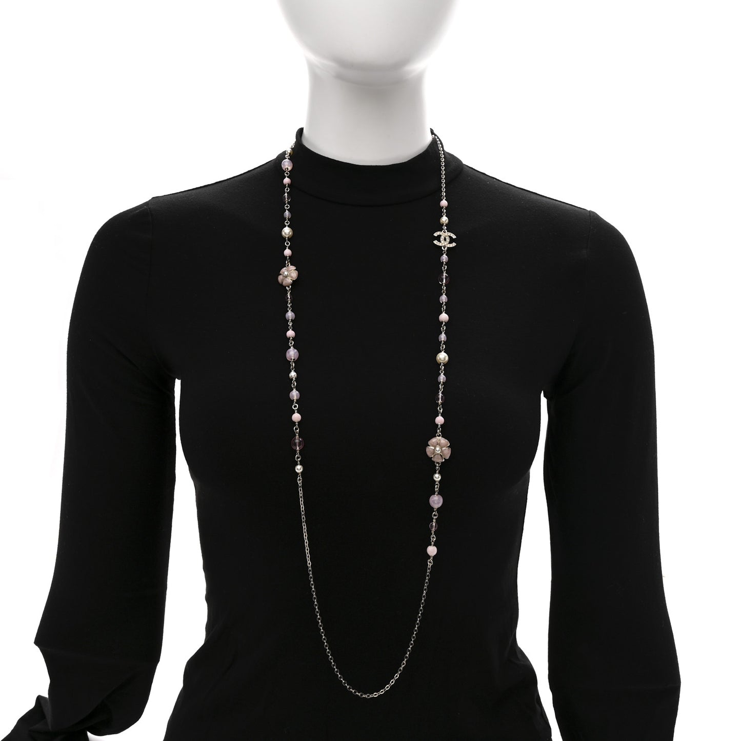 Pearl Crystal Bead CC Flower Long Necklace Gold Pearly White Pink Crystal