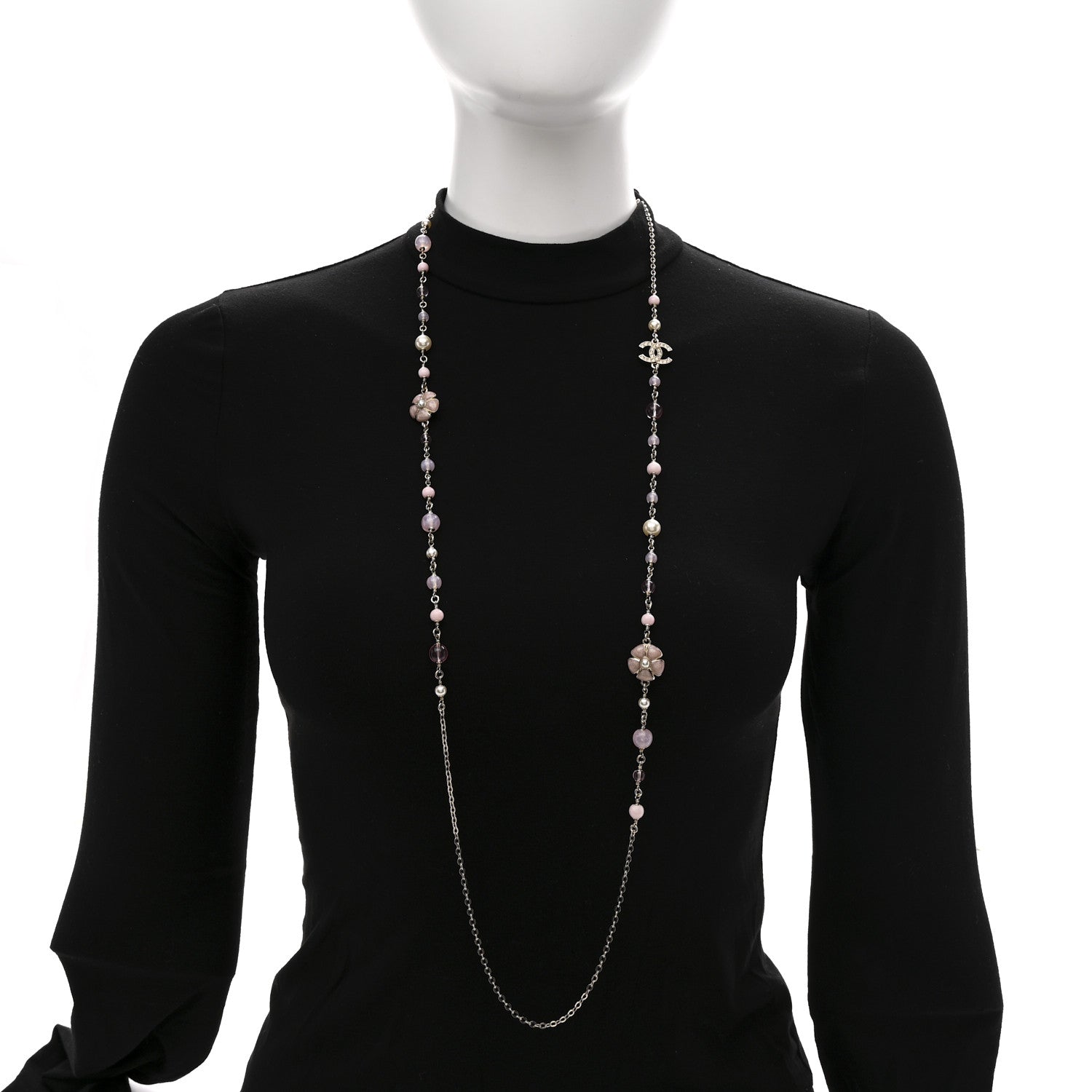 Chanel Pearl Crystal Bead CC Flower Long Necklace Gold Pearly White Pink Crystal 2 of 7