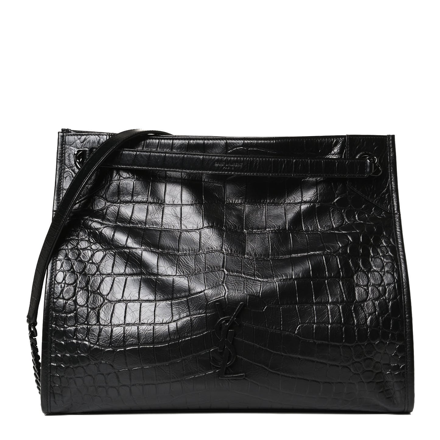 Calfskin Crocodile Embossed Monogram Medium Niki Shopping Bag Black