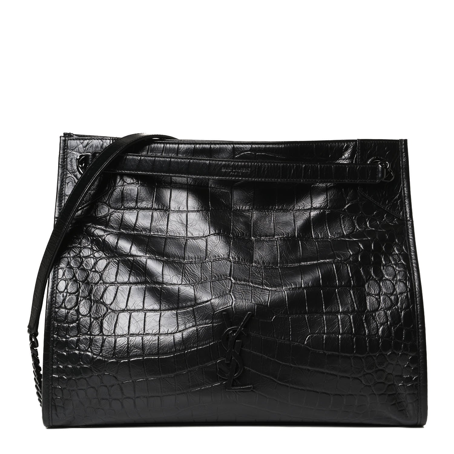 Saint Laurent Calfskin Crocodile Embossed Monogram Medium Niki Shopping Bag Black 1 of 13