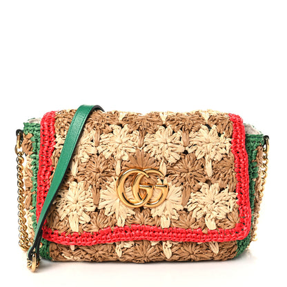 Gucci Raffia Azalea Calfskin Crochet Flower Small GG Marmont Shoulder Bag Natural Ecru Green Red New Shamarock 1 of 9