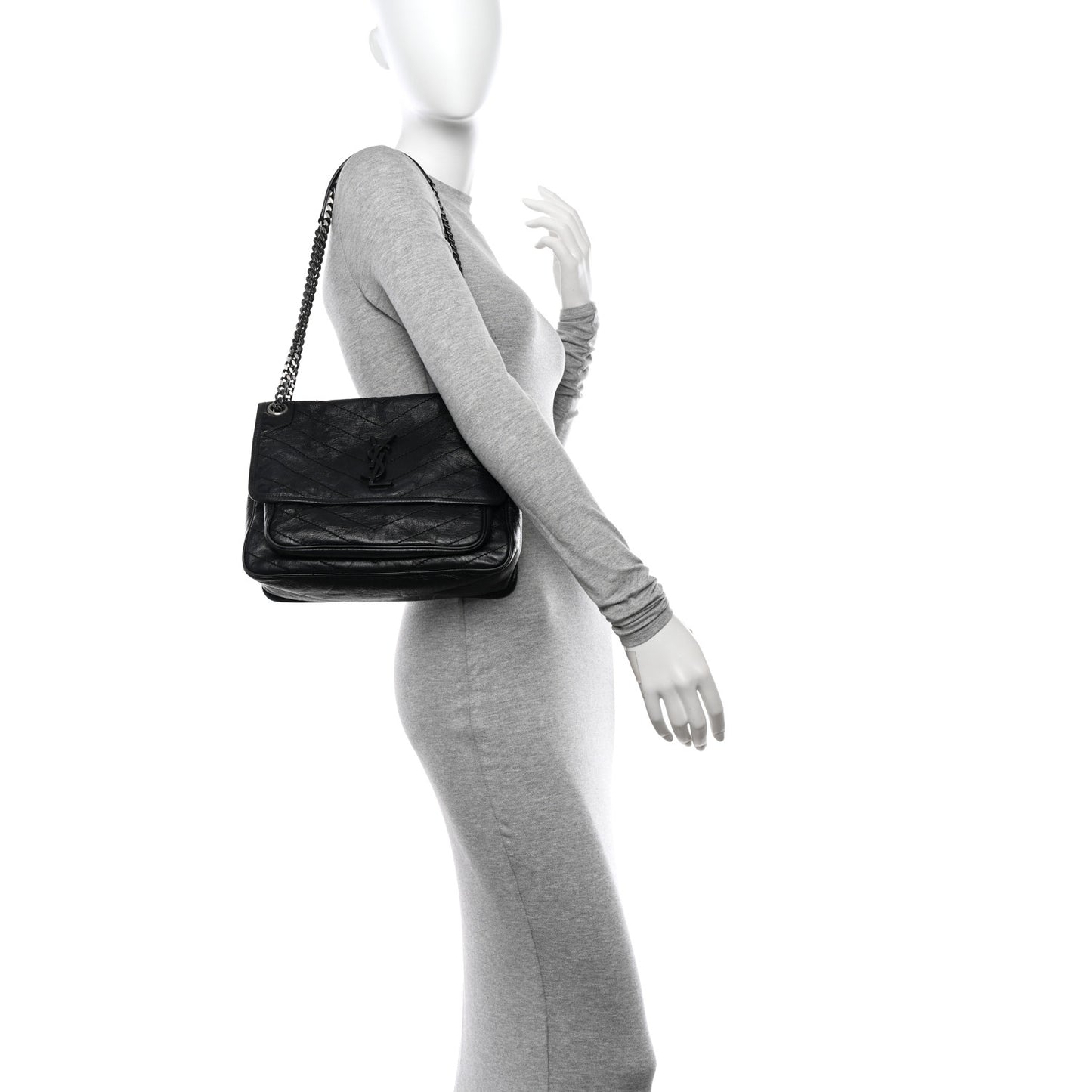 Crinkled Calfskin Matelasse Monogram Medium Niki Chain Satchel Black