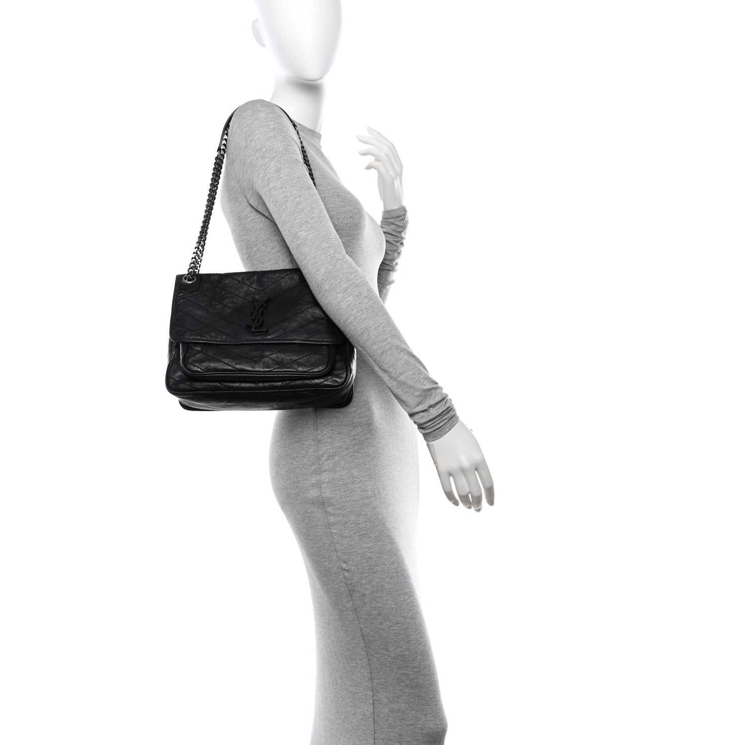 Saint Laurent Crinkled Calfskin Matelasse Monogram Medium Niki Chain Satchel Black 2 of 11