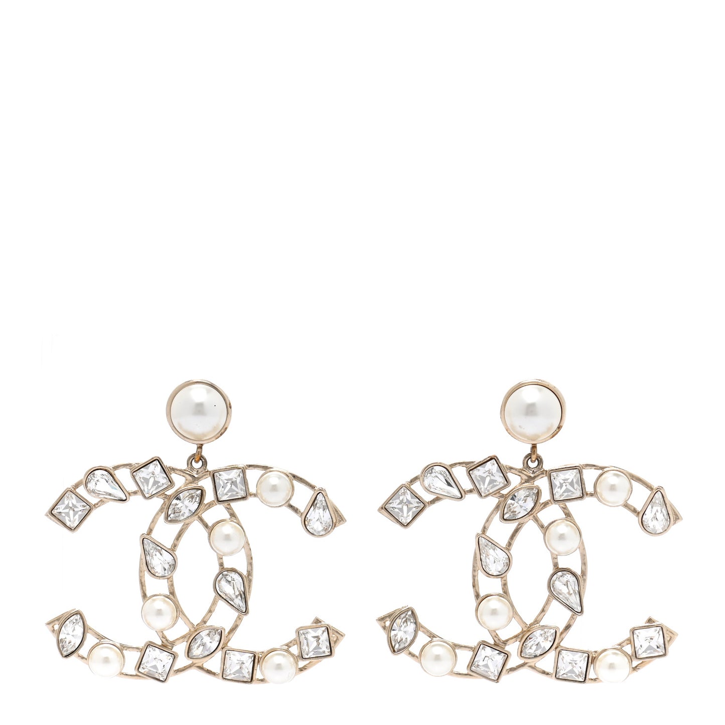 Metal Glass Pearl CC Crystal Snowfall CC Drop Earrings Light Gold