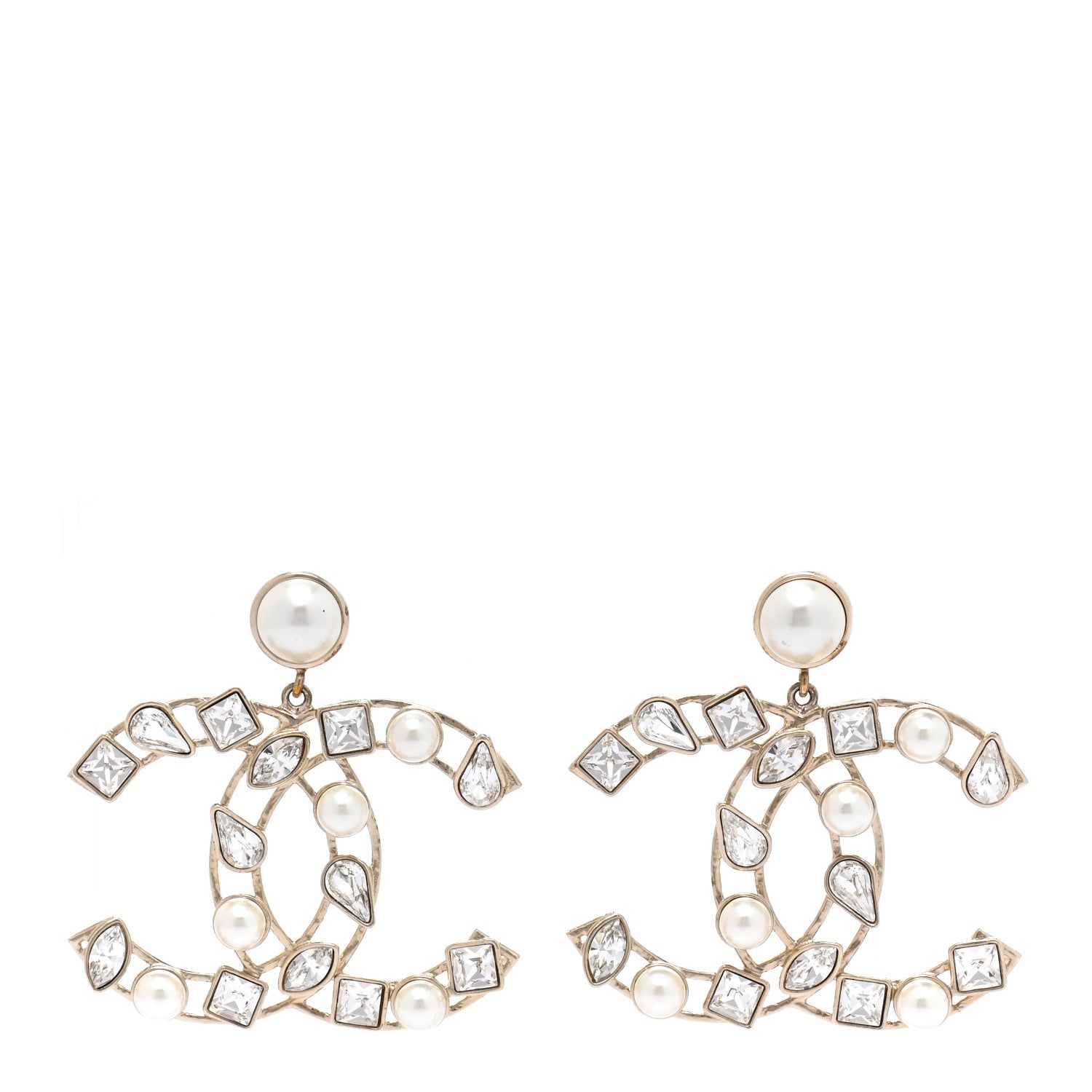 Chanel Metal Glass Pearl CC Crystal Snowfall CC Drop Earrings Light Gold 1 of 5