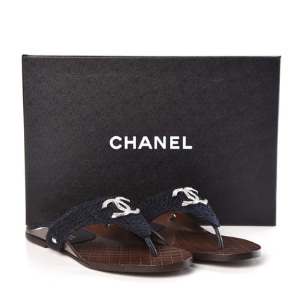 Chanel Tweed CC Thong Sandals 36 Navy Black 7 of 7