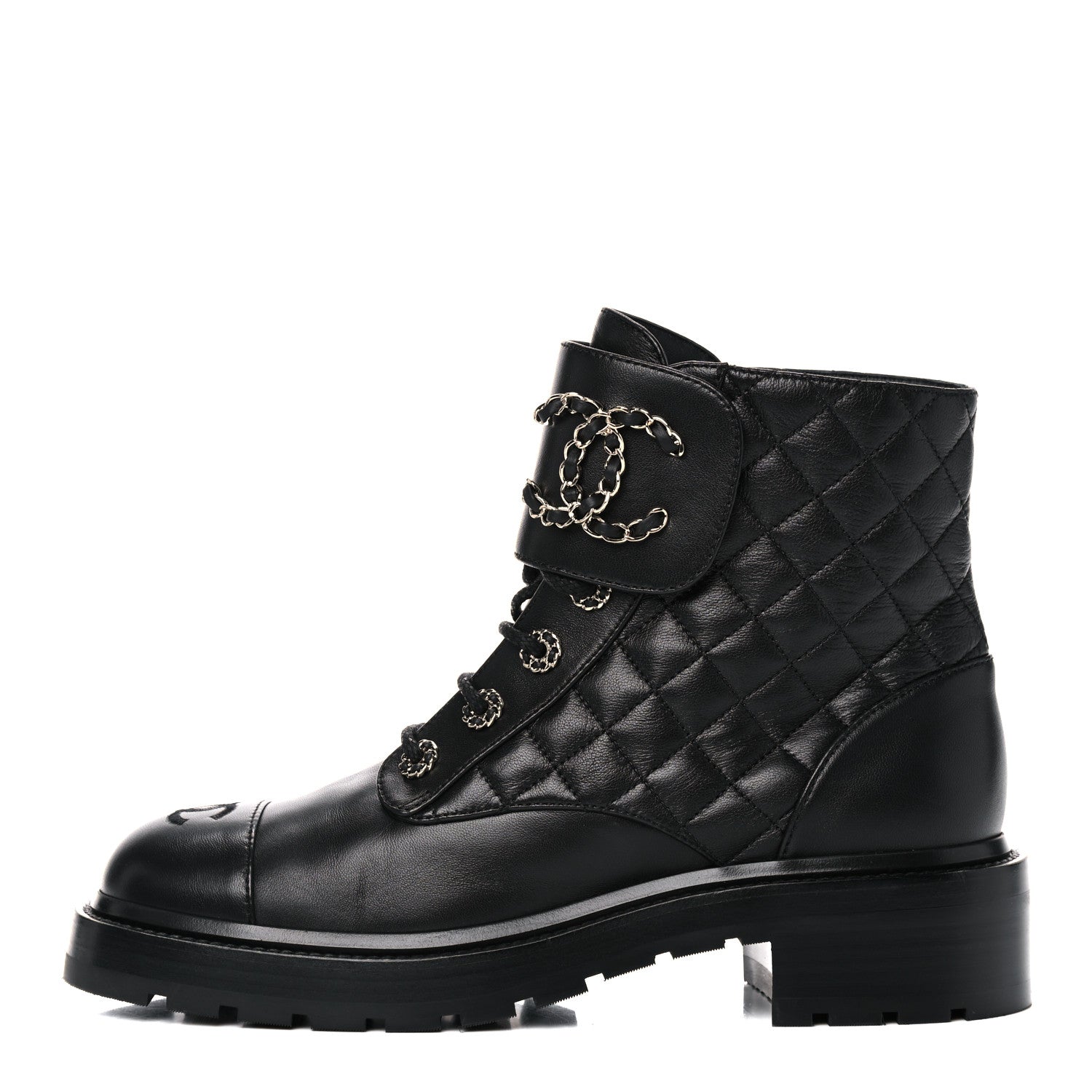 Chanel Shiny Lambskin Quilted Lace Up Combat Boots 39.5 Black 1 of 12