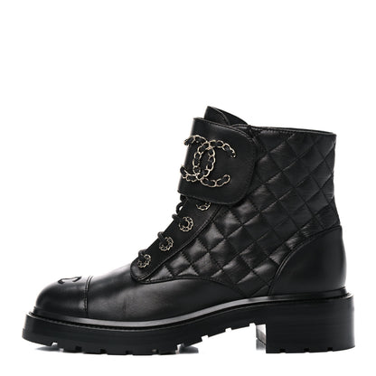 Chanel Shiny Lambskin Quilted Lace Up Combat Boots 39.5 Black 1 of 12
