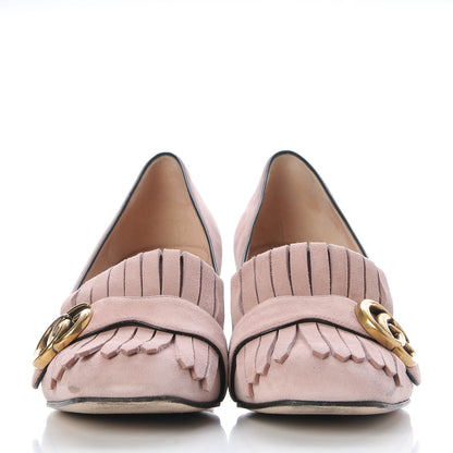 Gucci Kid Scamosciato GG Marmont Fringe 50mm Loafer Pumps 37.5 Crystal Pink 2 of 11