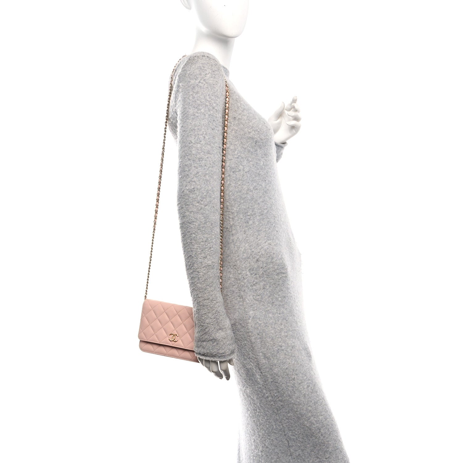 Chanel Grained Calfskin Quilted Strass CC Wallet On Chain WOC Light Pink 2 of 12