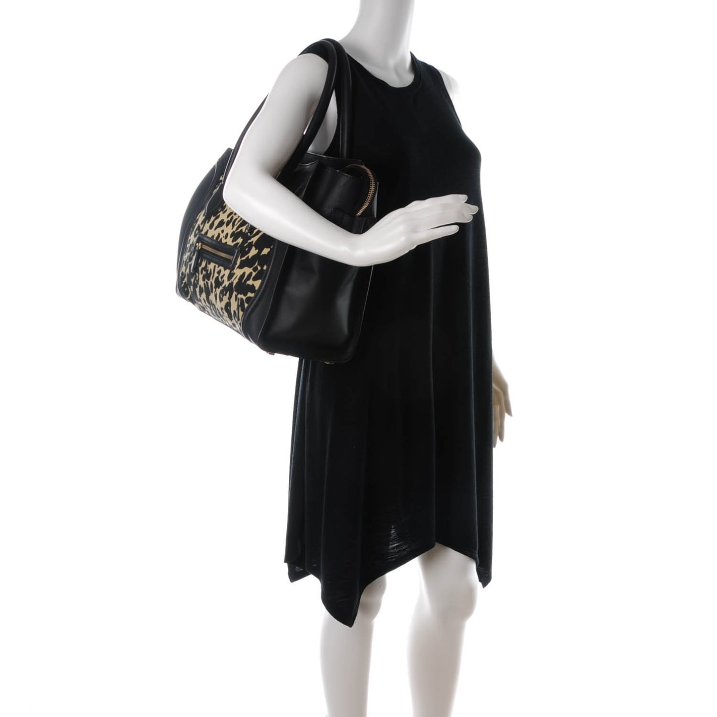 Canvas Smooth Calfskin Leopard Print Shoulder Luggage Black