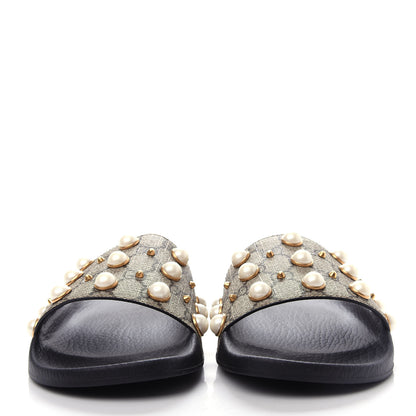 Gucci GG Supreme Monogram Pearls Slide Sandals 42 Beige 2 of 10