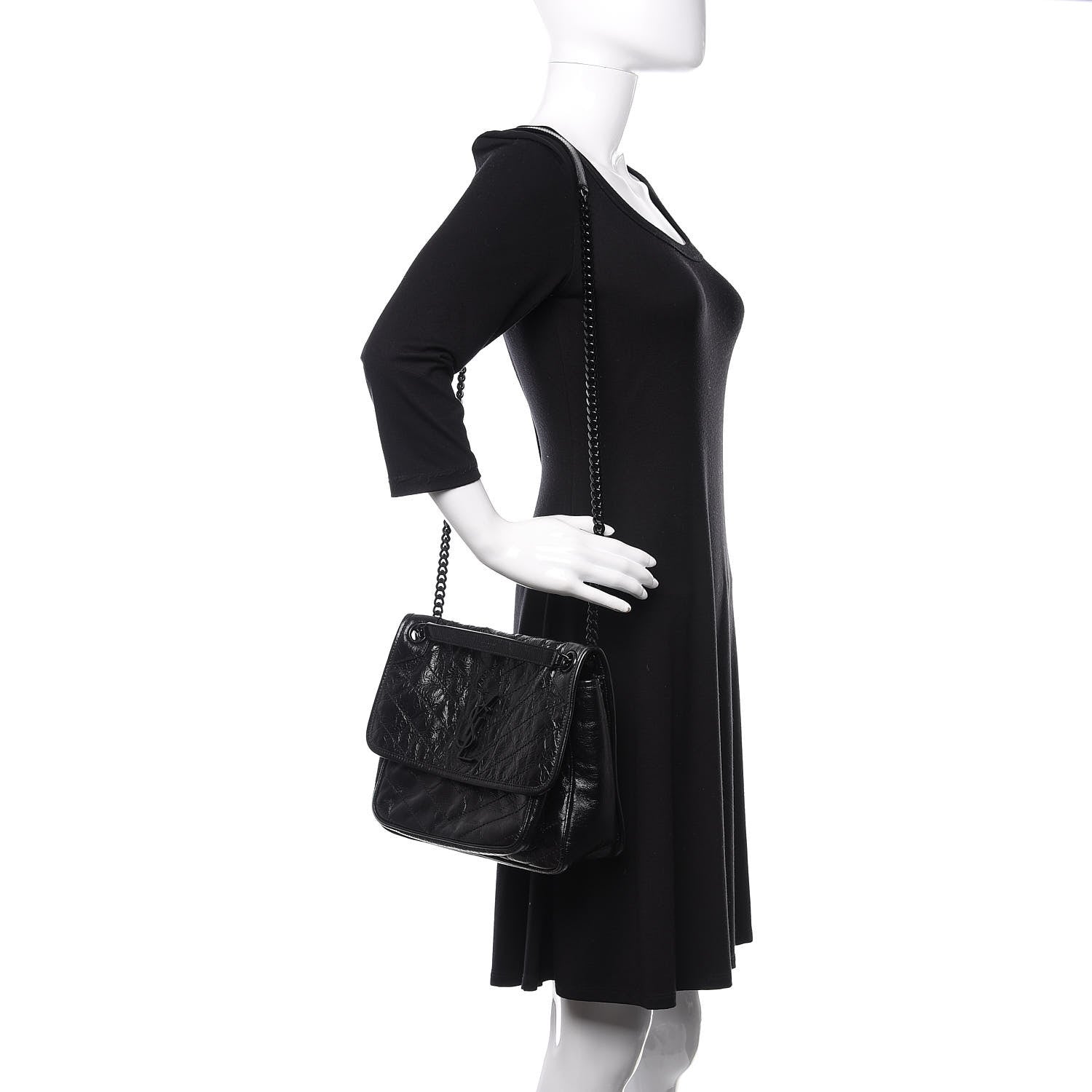 Saint Laurent Crinkled Calfskin Matelasse Monogram Medium Niki Chain Satchel Black 3 of 13