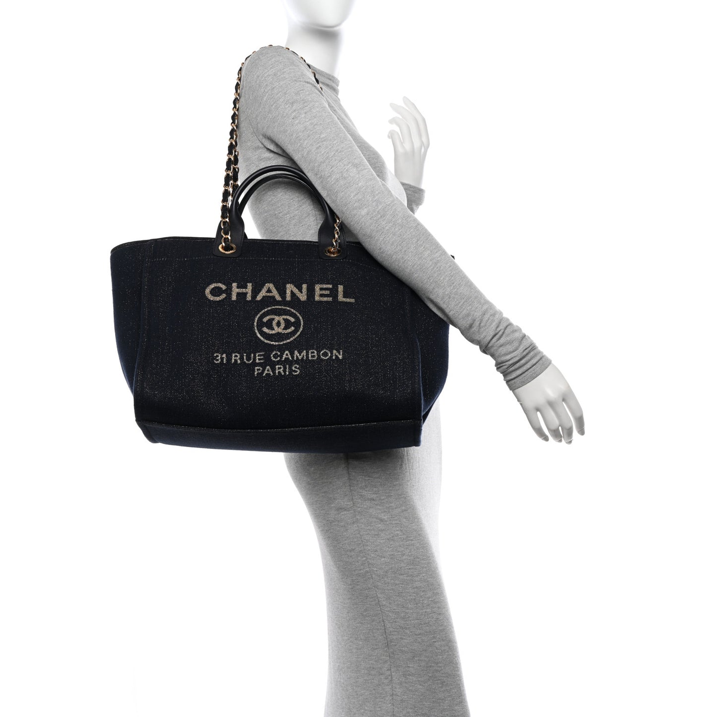 Lurex Canvas Medium Deauville Tote Navy Blue Gold