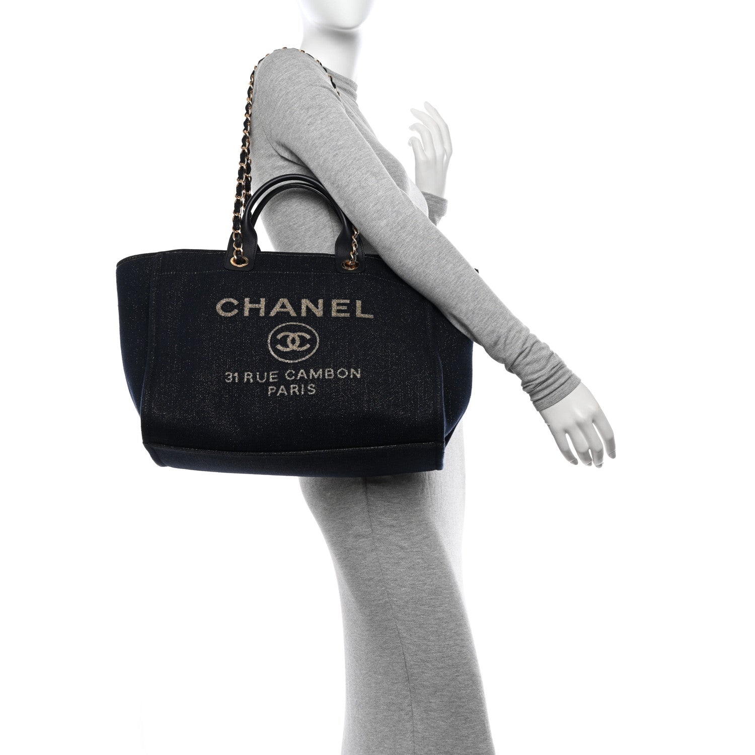 Chanel Lurex Canvas Medium Deauville Tote Navy Blue Gold 2 of 11