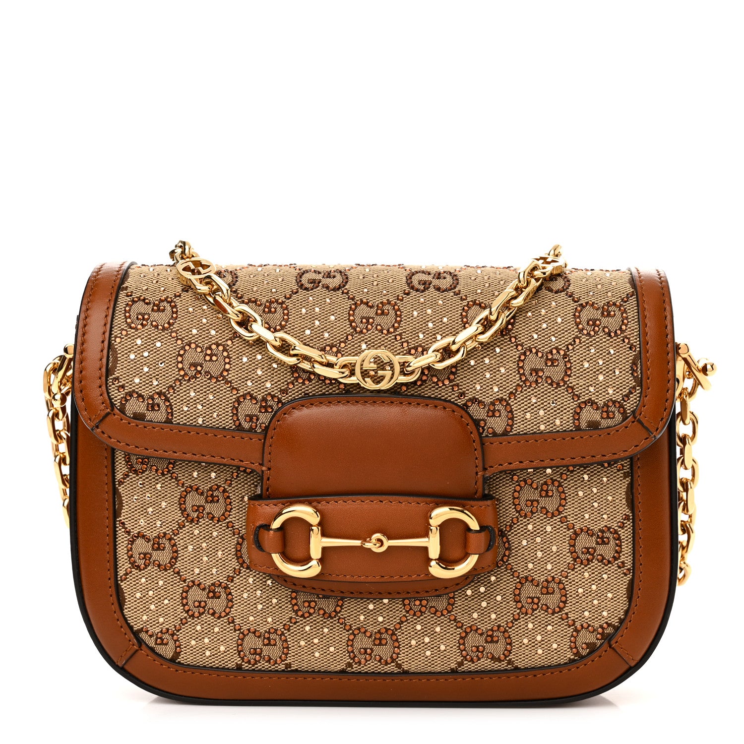Gucci New Canvas Charisma Calfskin Crystal GG Monogram Mini Horsebit 1955 Shoulder Bag Camel Ebony 1 of 12