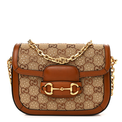 Gucci New Canvas Charisma Calfskin Crystal GG Monogram Mini Horsebit 1955 Shoulder Bag Camel Ebony 1 of 12