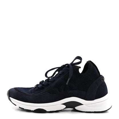 Chanel Knit Fabric Suede Calfskin Womens CC Sneakers 38 Navy Black 1 of 8