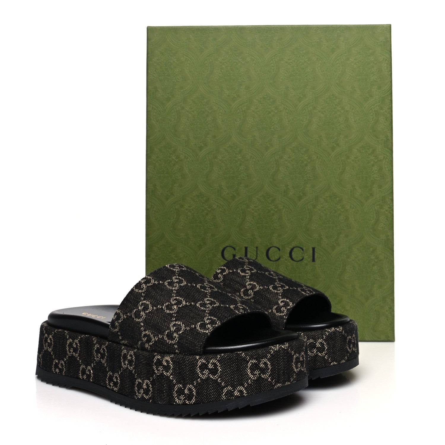 Gucci Jacquard Black Denim GG Monogram Angelina Platform 55mm Slide Sandals 38.5 Black Ivory 8 of 8
