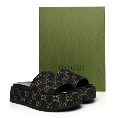 Gucci Jacquard Black Denim GG Monogram Angelina Platform 55mm Slide Sandals 38.5 Black Ivory 8 of 8