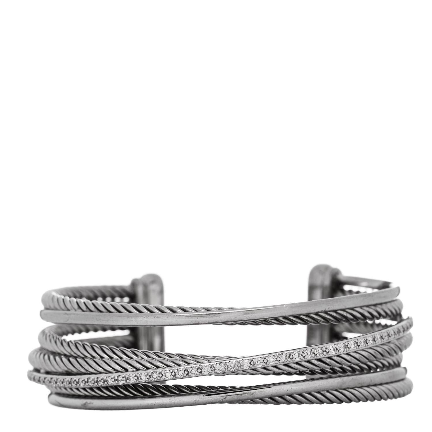 David Yurman Sterling Silver 14K White Gold Diamond Crossover Four Row Cuff Bracelet 1 of 3