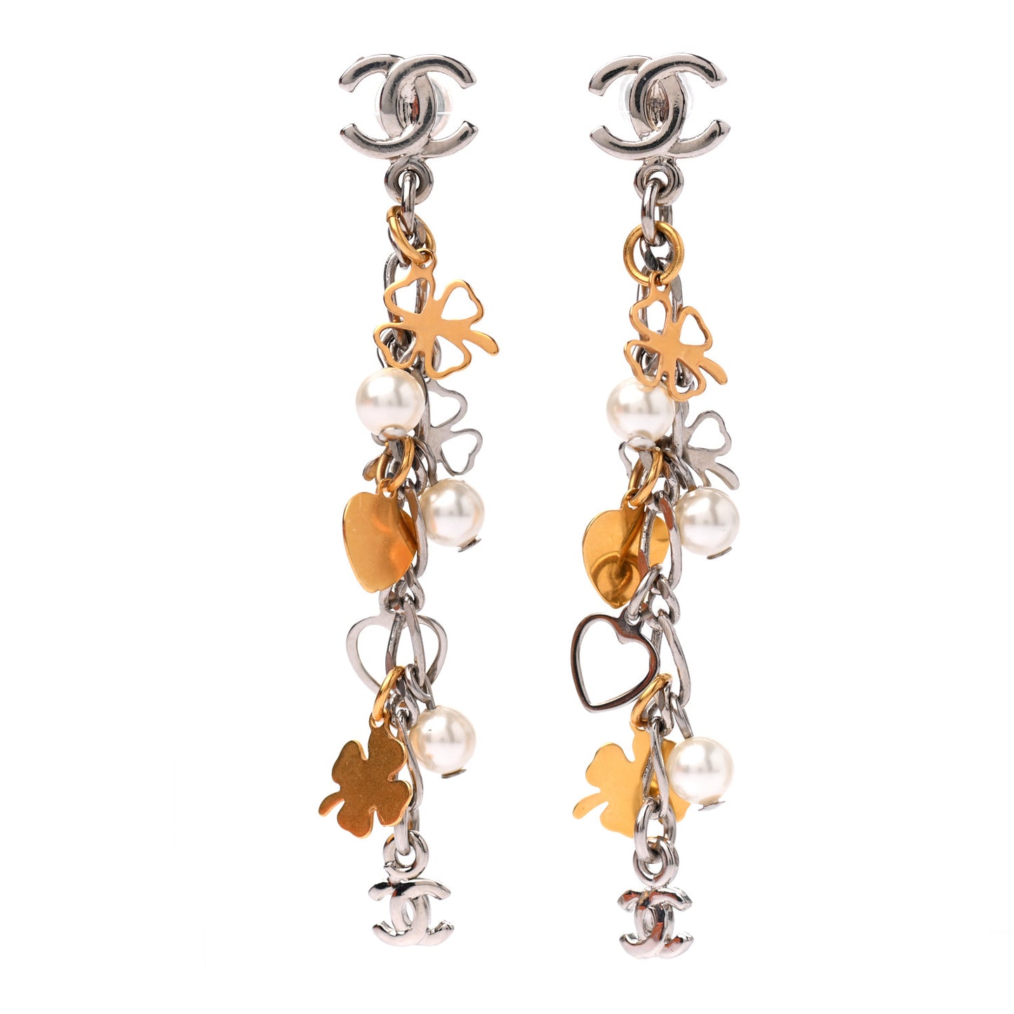 Pearl CC Charm Chain Drop Earrings Silver Gold