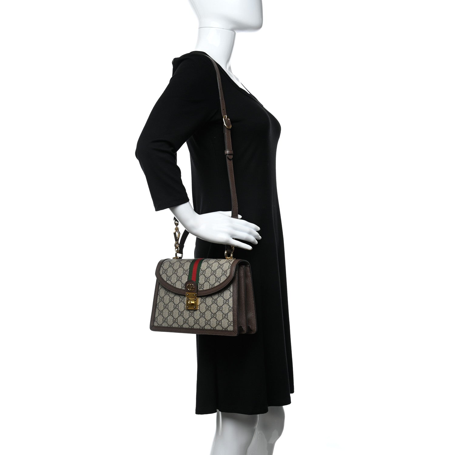 Gucci GG Supreme Monogram Textured Dollar Calfskin Web Small Ophidia Padlock Top Handle Bag Beige Ebony New Acero 2 of 10