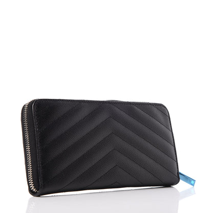 Saint Laurent Grain De Poudre Matelasse Chevron Monogram Zip Around Wallet Black 3 of 8
