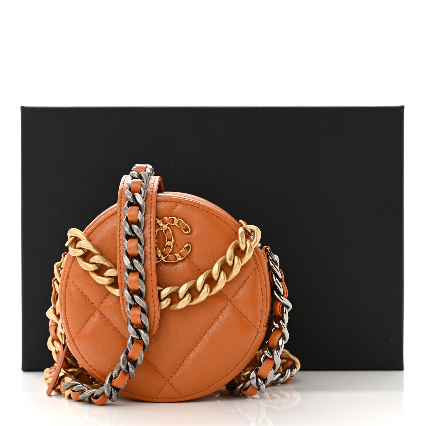 Goatskin Quilted Chanel 19 Round Clutch With Chain Brown