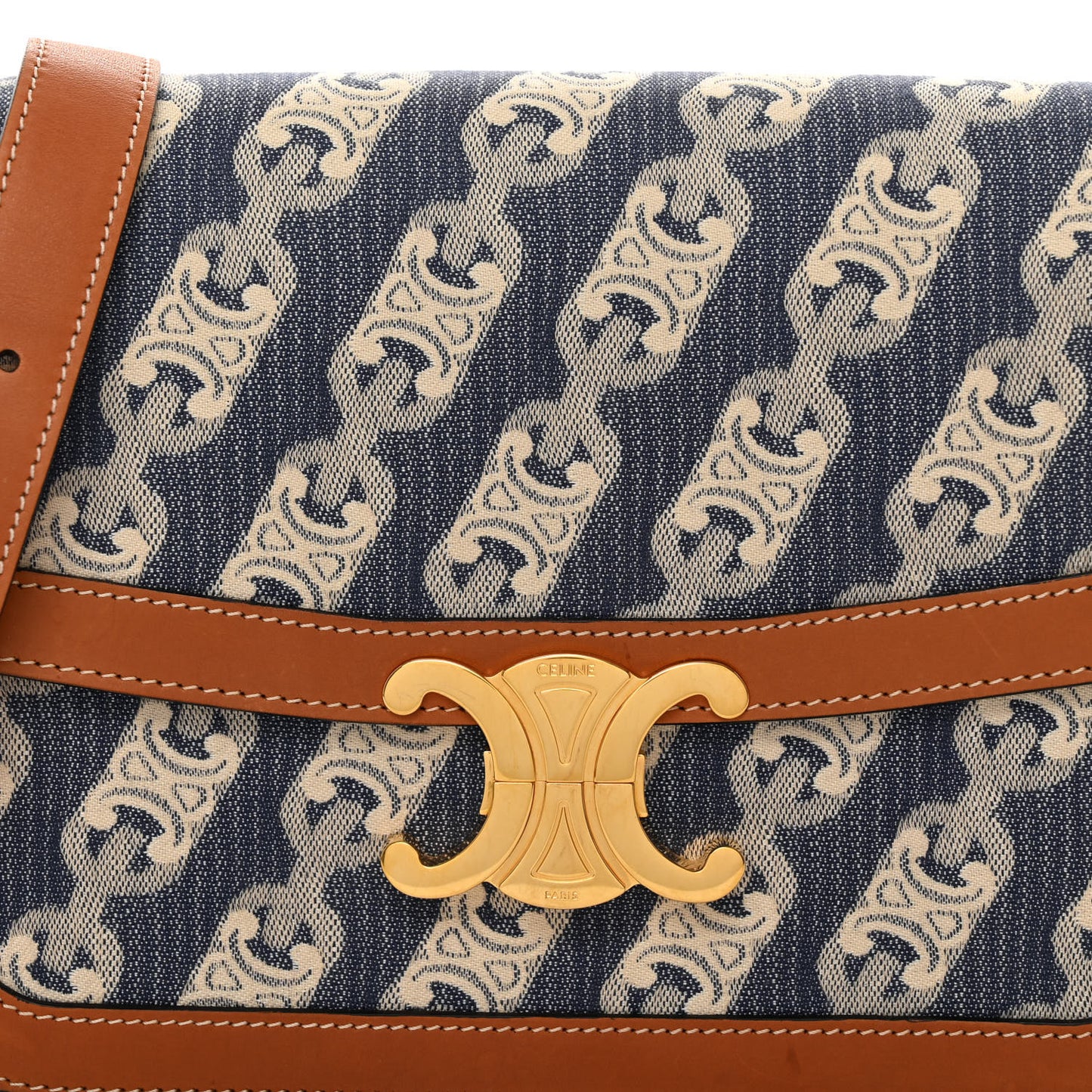 Natural Calfskin Chaine Triomphe Jacquard Canvas Medium Triomphe Bag Navy Tan