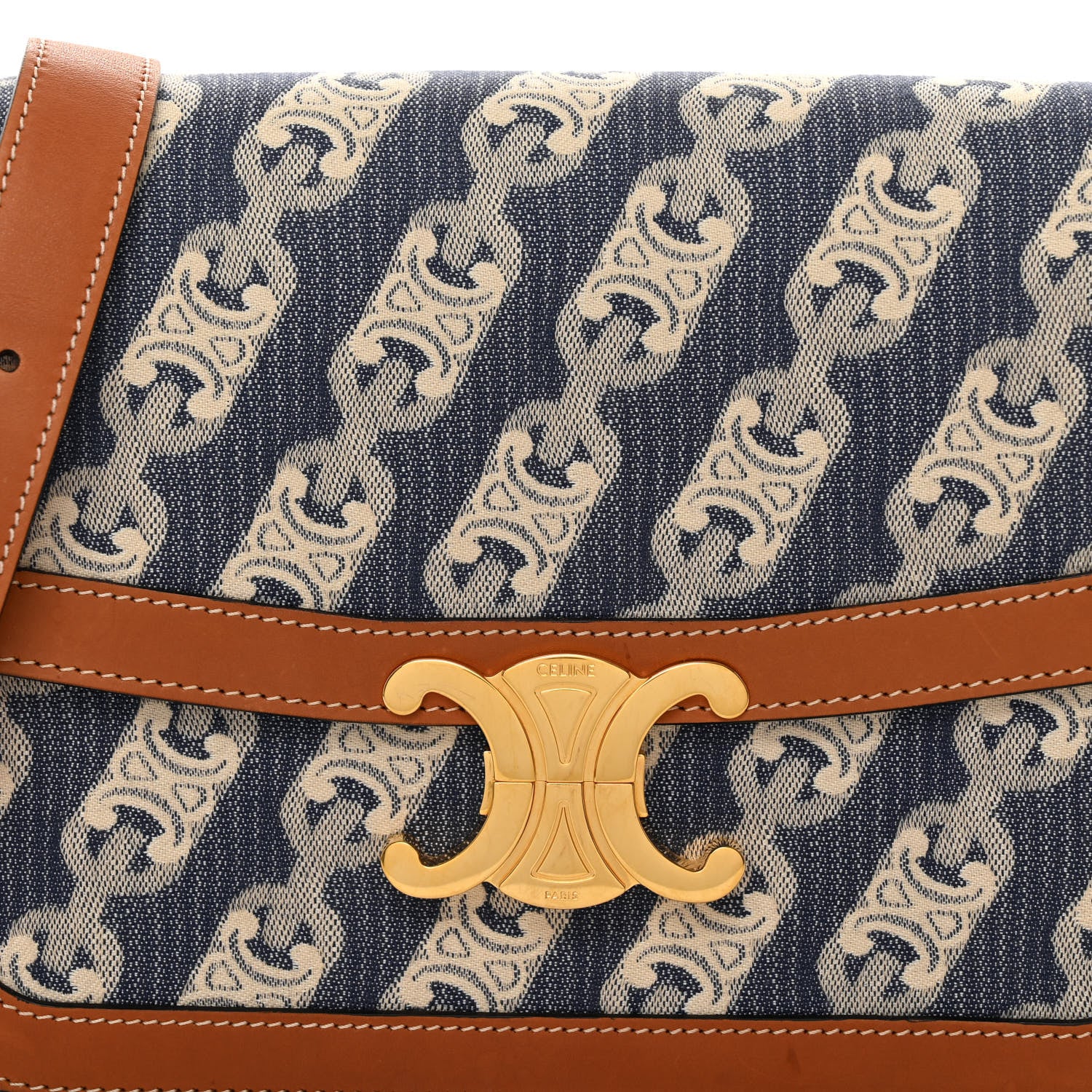 Celine Natural Calfskin Chaine Triomphe Jacquard Canvas Medium Triomphe Bag Navy Tan 7 of 10