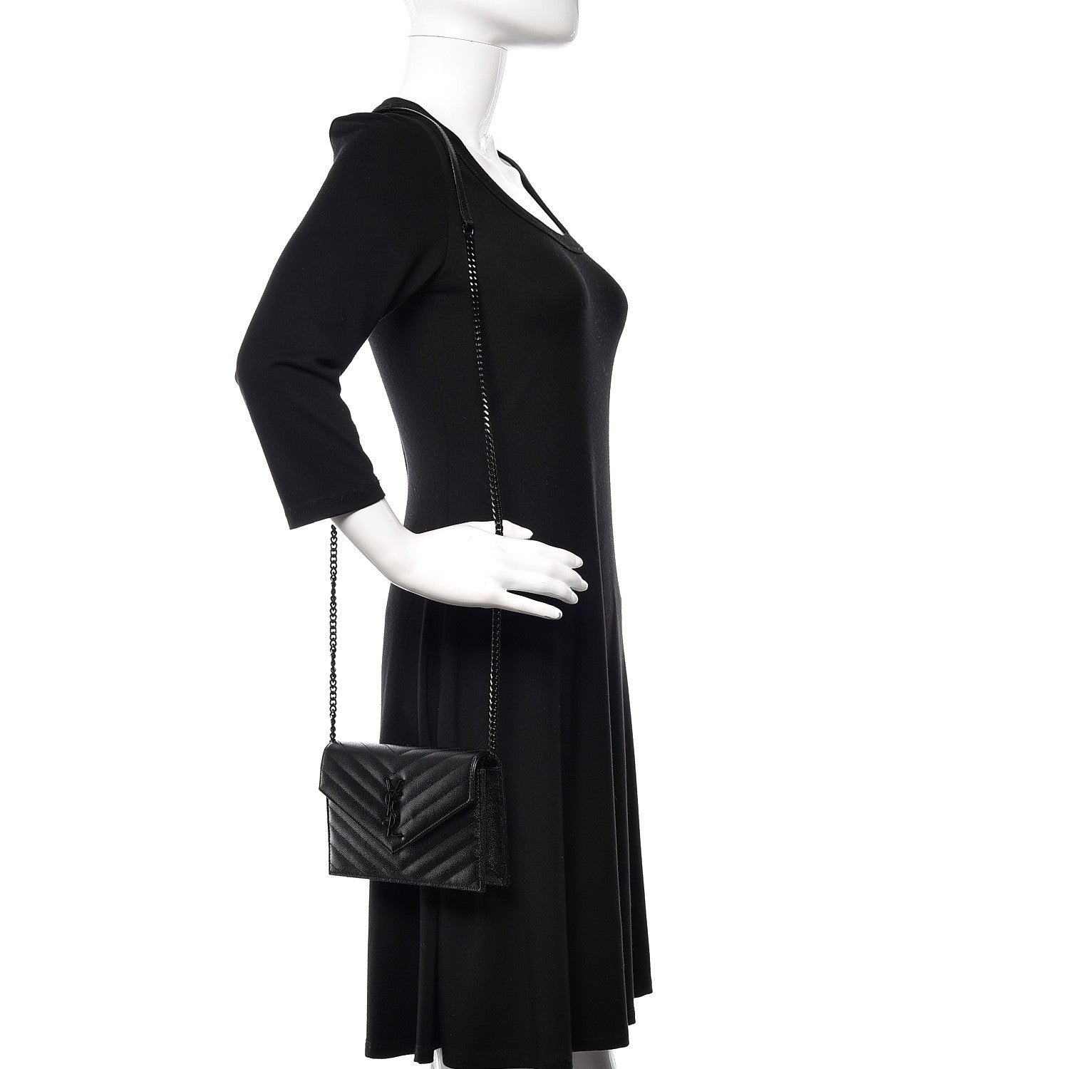 Saint Laurent Grain De Poudre Matelasse Chevron Monogram Envelope Chain Wallet Black 2 of 10